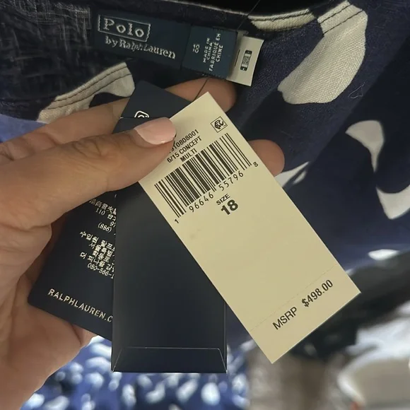 NWT Polo Ralph Lauren Brushstroke-Motif Tiered Blue White Linen Dress Size 18
